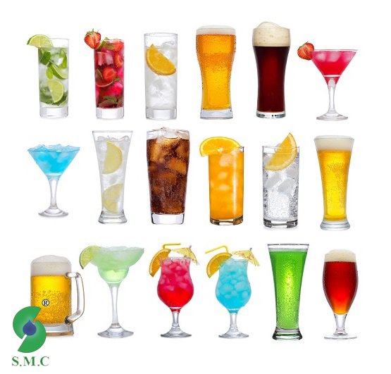 Set of different drinks, cocktails and beer on white background